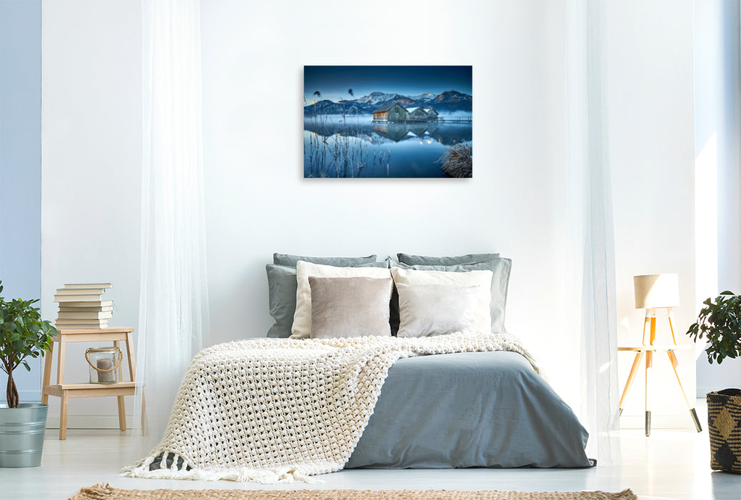 Premium textile canvas Premium textile canvas 120 cm x 80 cm landscape Steghäuser am Kochelsee 