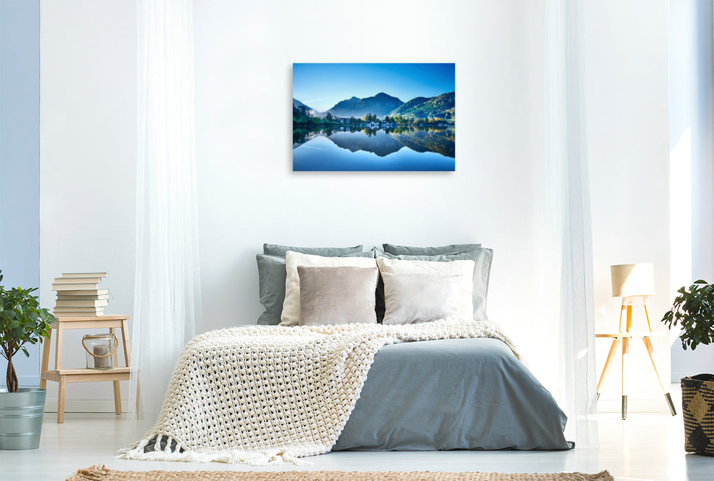 Premium textile canvas Premium textile canvas 120 cm x 80 cm landscape Early in the morning at Schliersee 