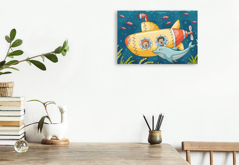 Premium textile canvas Premium textile canvas 120 cm x 80 cm landscape The submarine and the dolphin 