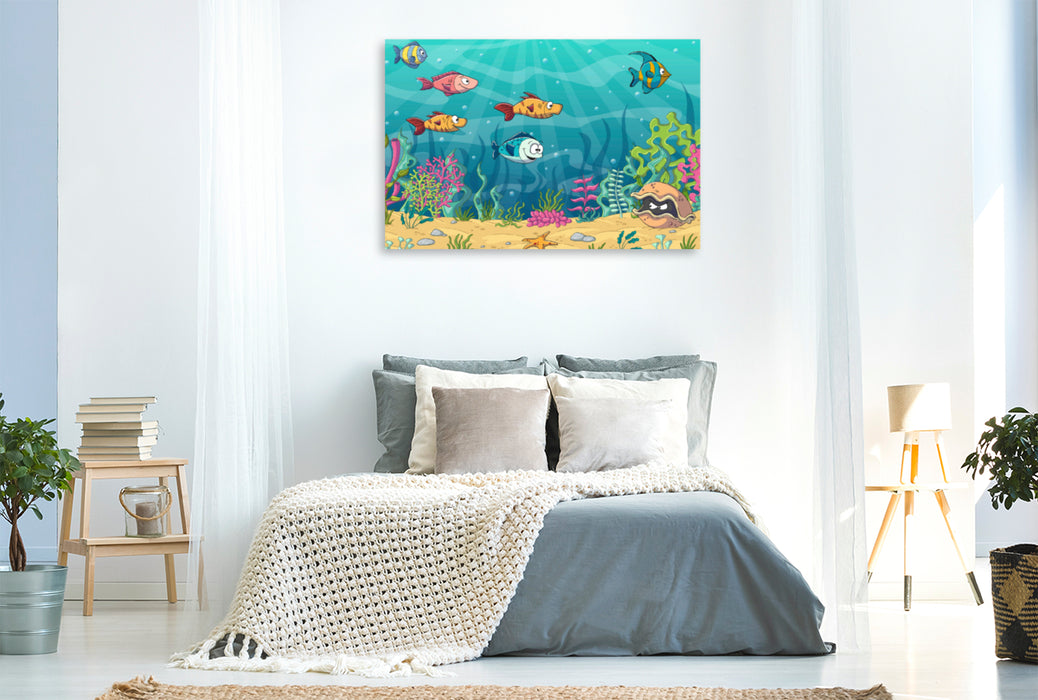 Premium textile canvas Premium textile canvas 120 cm x 80 cm landscape Funny fish in an underwater landscape 