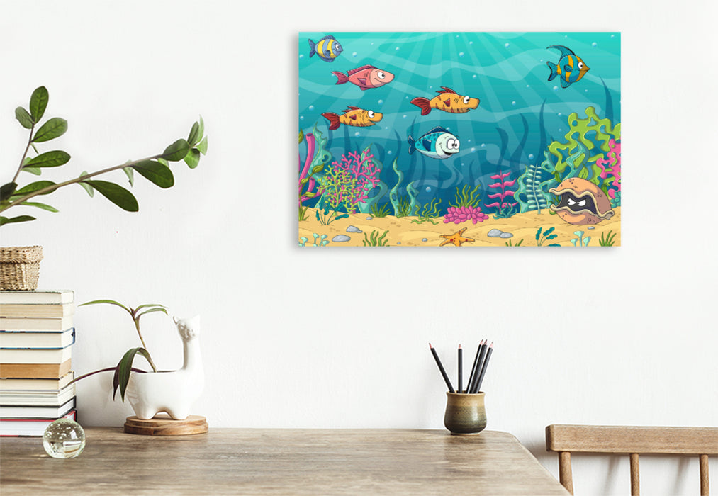 Premium Textil-Leinwand Premium Textil-Leinwand 120 cm x 80 cm quer Lustige Fische in einer Unterwasserlandschaft