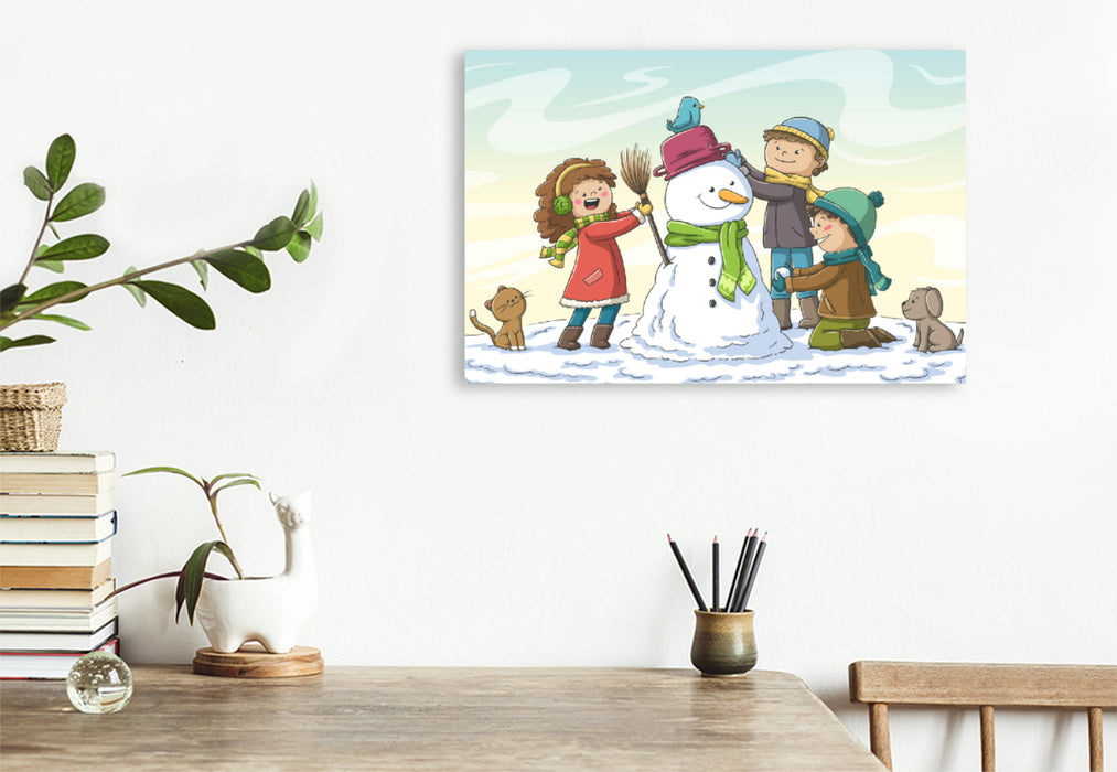 Premium textile canvas Premium textile canvas 120 cm x 80 cm across Three children build a snowman 