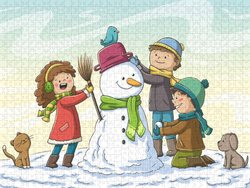 Drei Kinder bauen einen Schneemann - CALVENDO Foto-Puzzle'