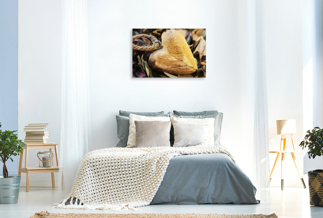 Premium textile canvas Premium textile canvas 120 cm x 80 cm landscape Romantic heart made of wood 