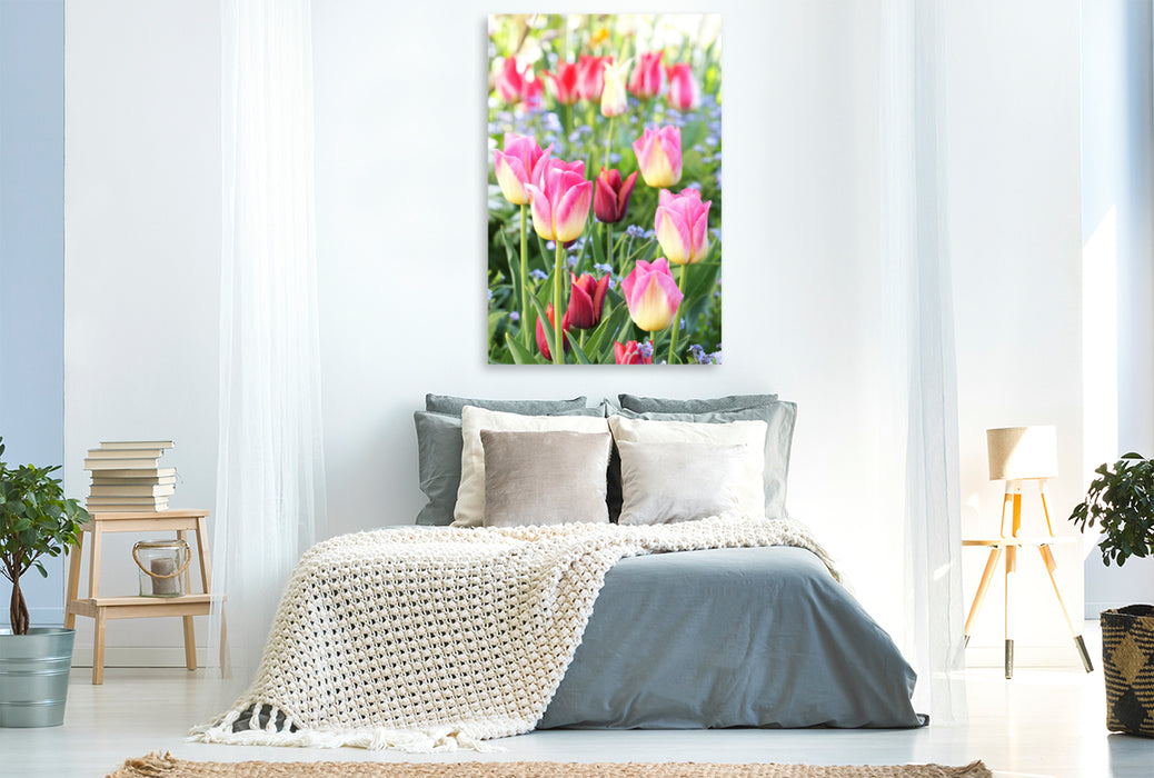 Premium textile canvas Premium textile canvas 80 cm x 120 cm high Colorful tulips with forget-me-nots 