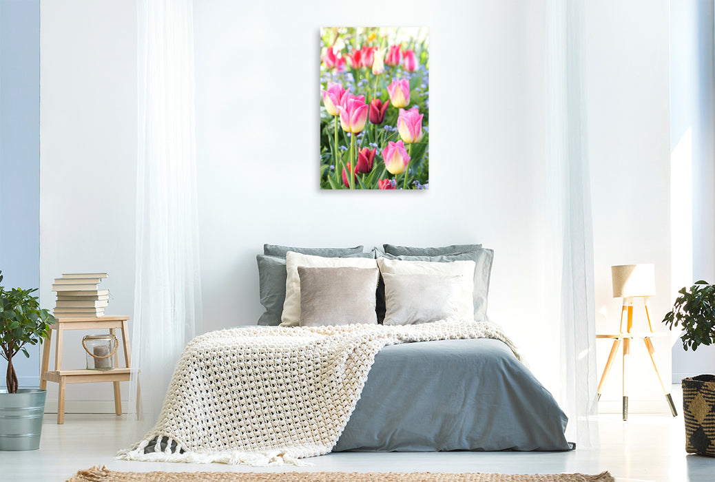 Premium textile canvas Premium textile canvas 80 cm x 120 cm high Colorful tulips with forget-me-nots 