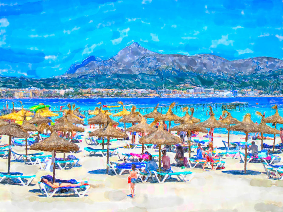 Strand von Alcudia auf Mallorca. Aquarell eines Badeparadies mit Sonnenschirmen. - CALVENDO Foto-Puzzle'