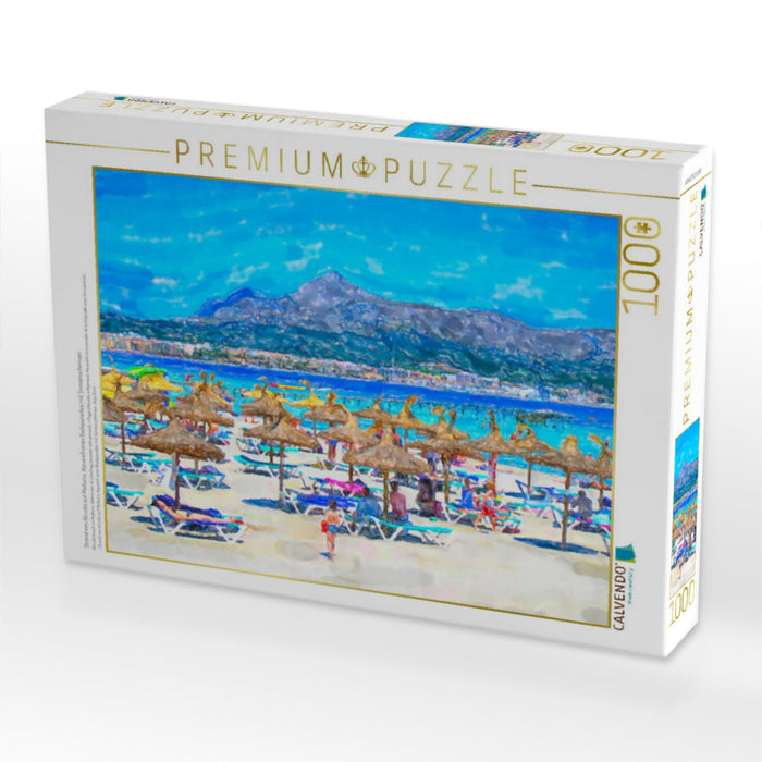 Strand von Alcudia auf Mallorca. Aquarell eines Badeparadies mit Sonnenschirmen. - CALVENDO Foto-Puzzle'