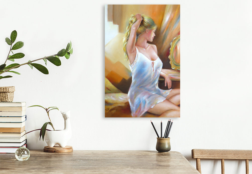 Premium Textil-Leinwand Premium Textil-Leinwand 50 cm x 75 cm hoch Schöne Frau am Fenster - erotische Kunst
