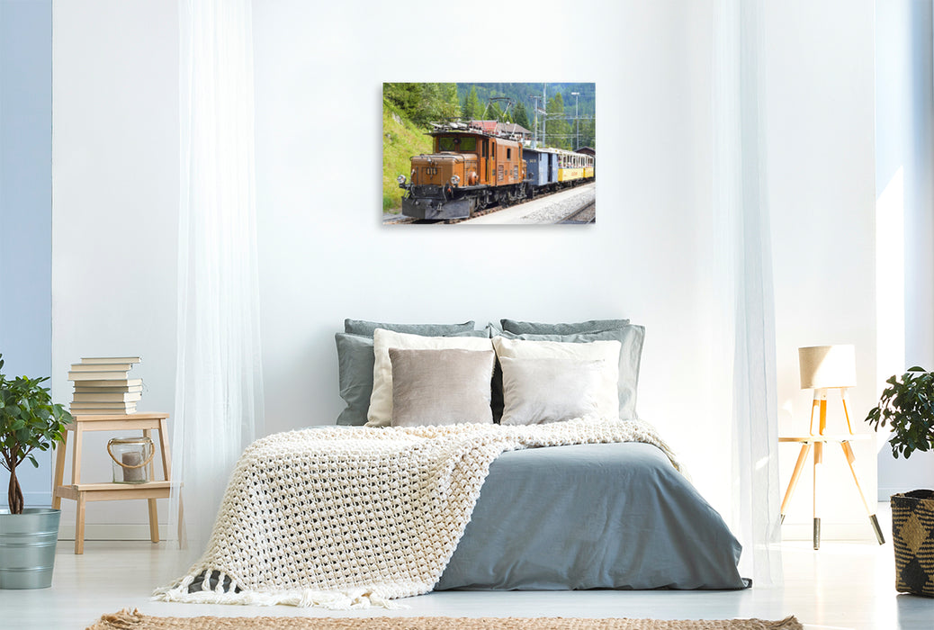 Toile textile haut de gamme Toile textile haut de gamme 120 cm x 80 cm paysage Train d'aventure Albula du Chemin de fer rhétique avec locomotive crocodile. 