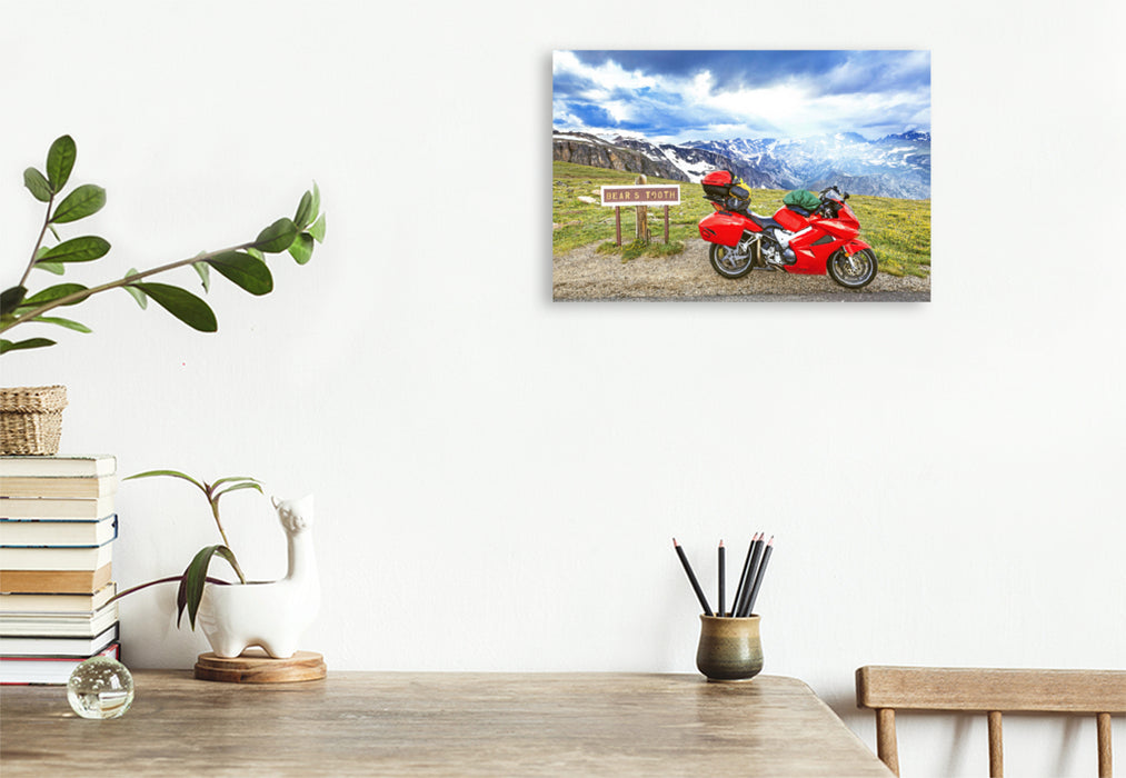Premium Textile Canvas Premium Textile Canvas 45 cm x 30 cm landscape Motorcycle in front of the Beartooth Mountains, Wyoming. 