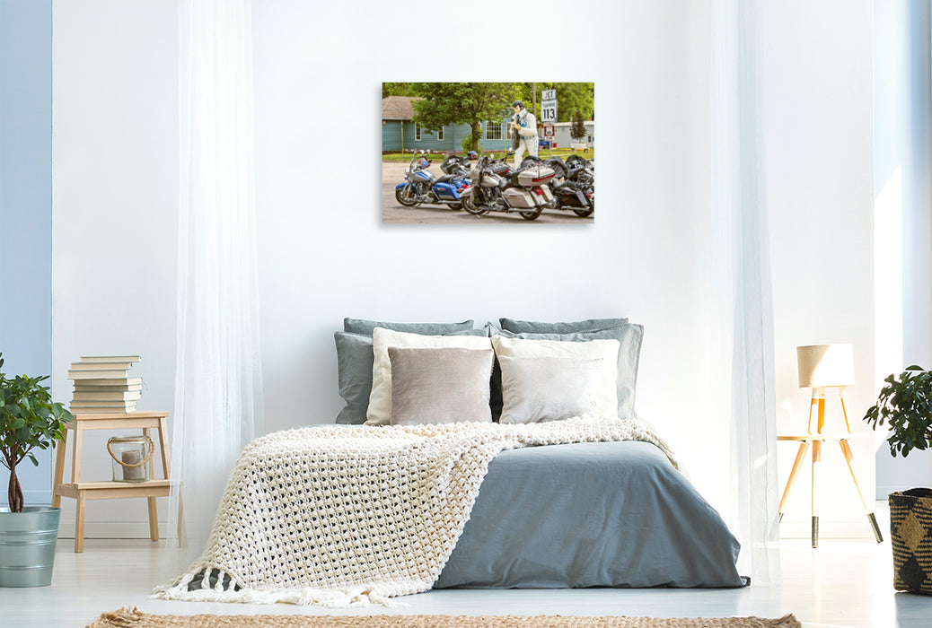 Premium Textile Canvas Premium Textile Canvas 120 cm x 80 cm landscape Motorcycles parked on Route 66, Braidwood, USA 