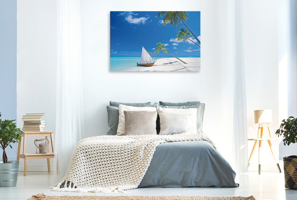 Premium textile canvas Premium textile canvas 120 cm x 80 cm landscape Beach, sea and a sailing boat: Lonely, small islands just for you alone. 