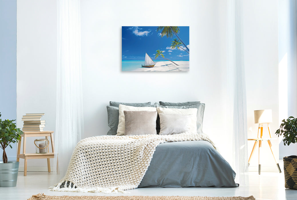 Premium textile canvas Premium textile canvas 120 cm x 80 cm landscape Beach, sea and a sailing boat: Lonely, small islands just for you alone. 