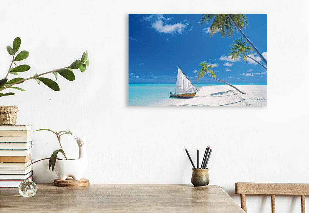 Premium textile canvas Premium textile canvas 120 cm x 80 cm landscape Beach, sea and a sailing boat: Lonely, small islands just for you alone. 