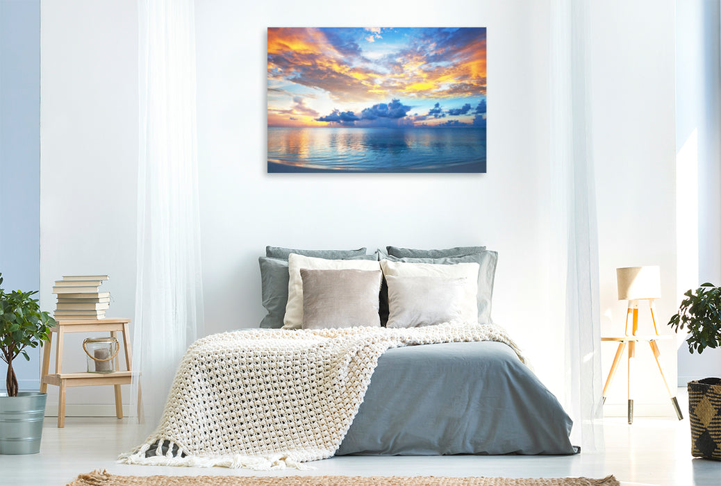 Premium textile canvas Premium textile canvas 120 cm x 80 cm landscape A fantastic, glowing sunset on the paradisiacal Maldives. 
