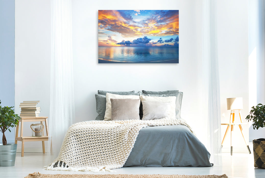 Toile textile haut de gamme Toile textile haut de gamme 120 cm x 80 cm paysage Un coucher de soleil fantastique et lumineux sur les Maldives paradisiaques. 