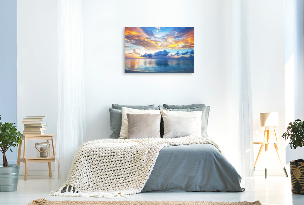 Toile textile haut de gamme Toile textile haut de gamme 120 cm x 80 cm paysage Un coucher de soleil fantastique et lumineux sur les Maldives paradisiaques. 