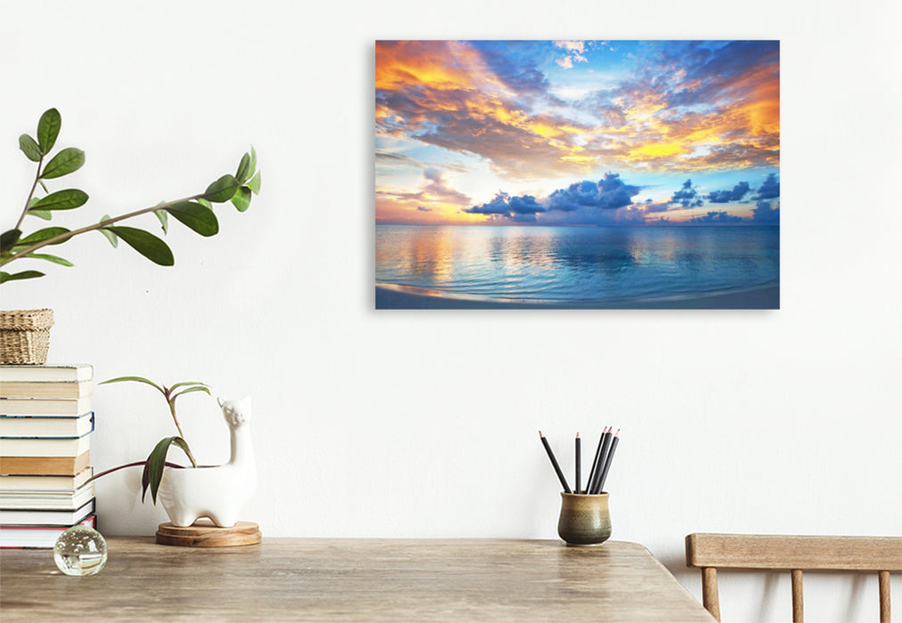 Premium textile canvas Premium textile canvas 120 cm x 80 cm landscape A fantastic, glowing sunset on the paradisiacal Maldives. 