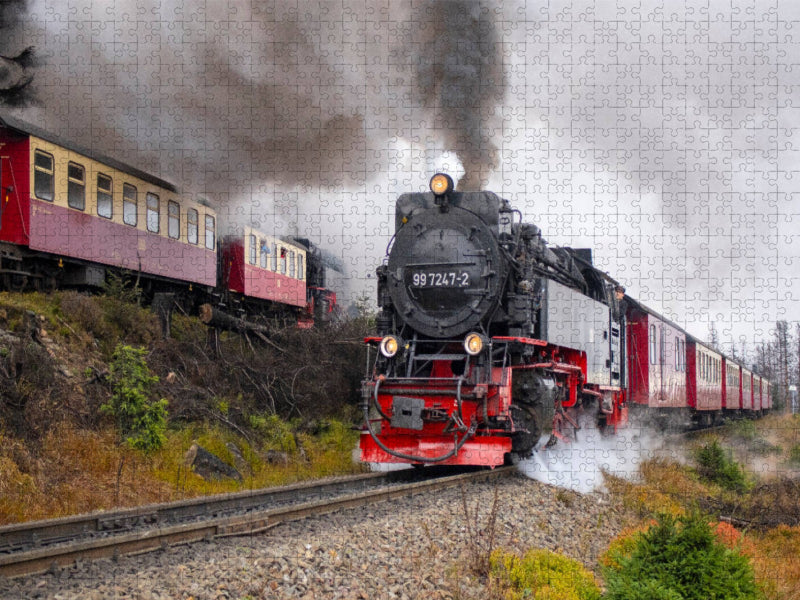 Brockenbahn Zugkreuzung am Haltepunkt Goetheweg - CALVENDO Foto-Puzzle'