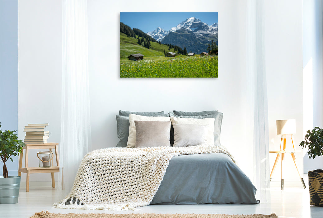 Premium Textil-Leinwand Premium Textil-Leinwand 120 cm x 80 cm quer Alphütten mit Mönch, Berner Oberland nahe Birg, Schweiz