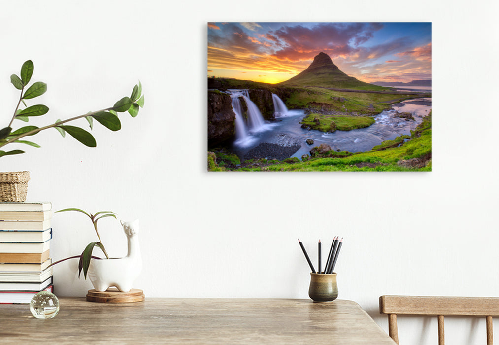 Premium textile canvas Premium textile canvas 120 cm x 80 cm landscape Kirkjufellsfoss waterfall and Kirkjufell mountain 