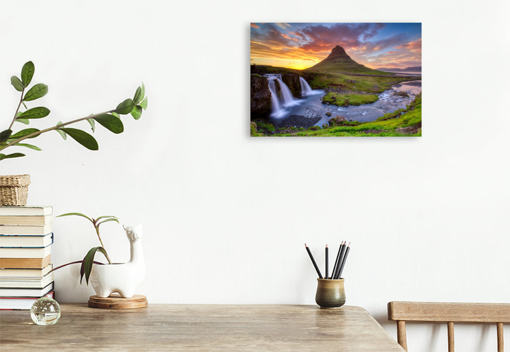 Premium textile canvas Premium textile canvas 120 cm x 80 cm landscape Kirkjufellsfoss waterfall and Kirkjufell mountain 