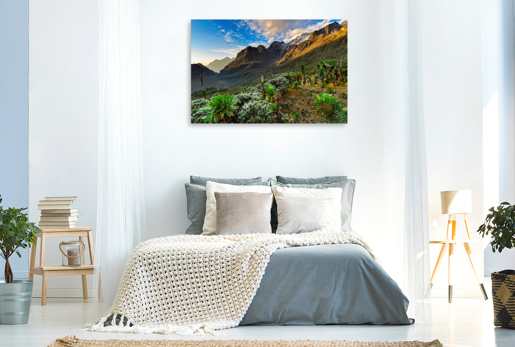 Premium textile canvas Premium textile canvas 120 cm x 80 cm landscape Sunrise in the Mogusu Valley of the Ruwenzori 