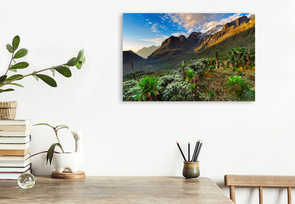 Premium textile canvas Premium textile canvas 120 cm x 80 cm landscape Sunrise in the Mogusu Valley of the Ruwenzori 