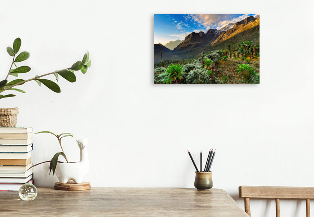 Premium textile canvas Premium textile canvas 120 cm x 80 cm landscape Sunrise in the Mogusu Valley of the Ruwenzori 