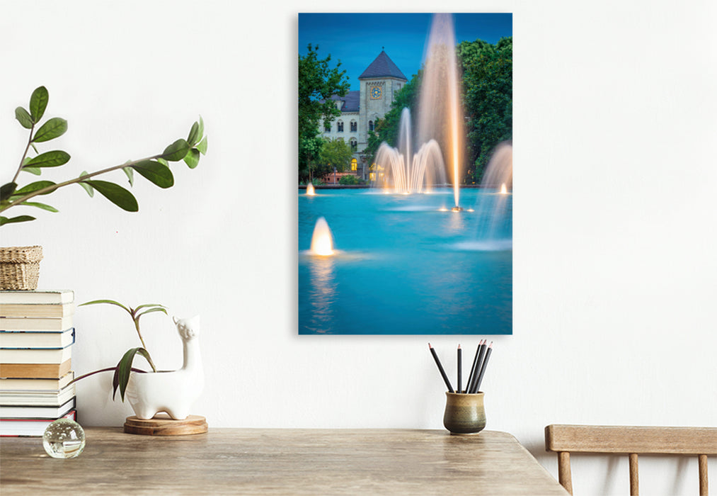 Premium textile canvas Premium textile canvas 80 cm x 120 cm high fountain and main post office in Halle-Saale 