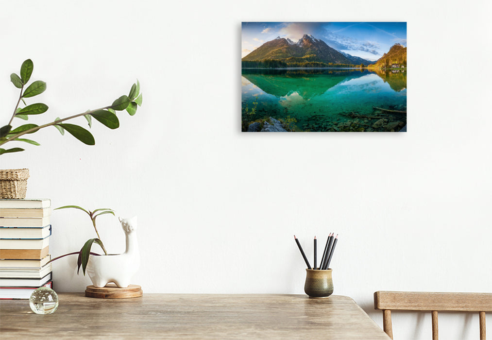 Premium textile canvas Premium textile canvas 120 cm x 80 cm landscape Hintersee in the morning 