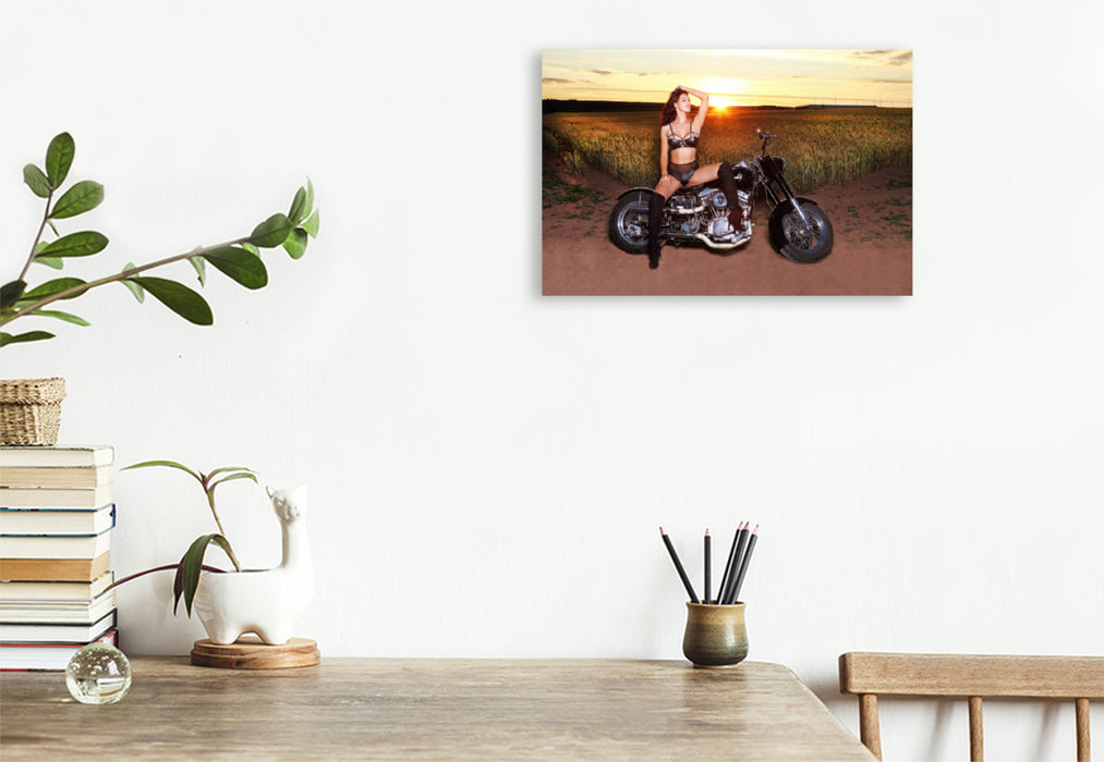 Premium textile canvas Premium textile canvas 120 cm x 80 cm landscape A motif from the calendar Calendar / No. 5 Motorcycles and Sexy Girls 