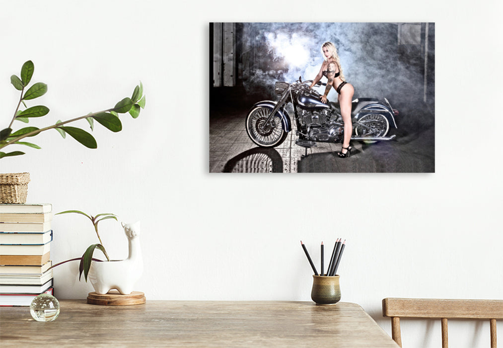 Premium textile canvas Premium textile canvas 120 cm x 80 cm landscape Jennifer in Black with a FLSTF Fat Boy Bj.03 