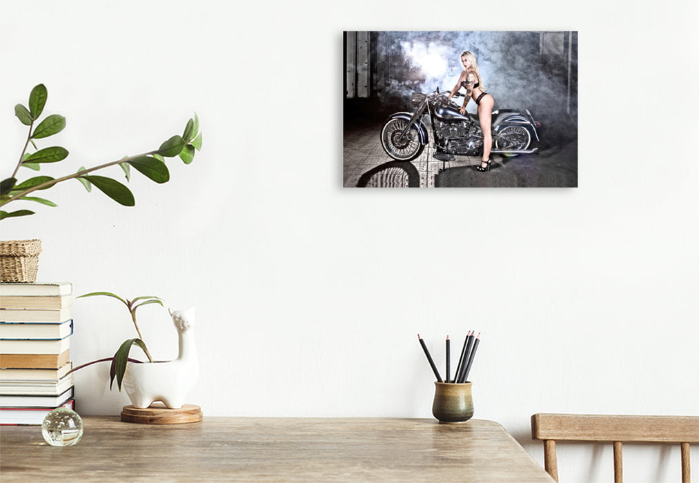 Premium textile canvas Premium textile canvas 120 cm x 80 cm landscape Jennifer in Black with a FLSTF Fat Boy Bj.03 