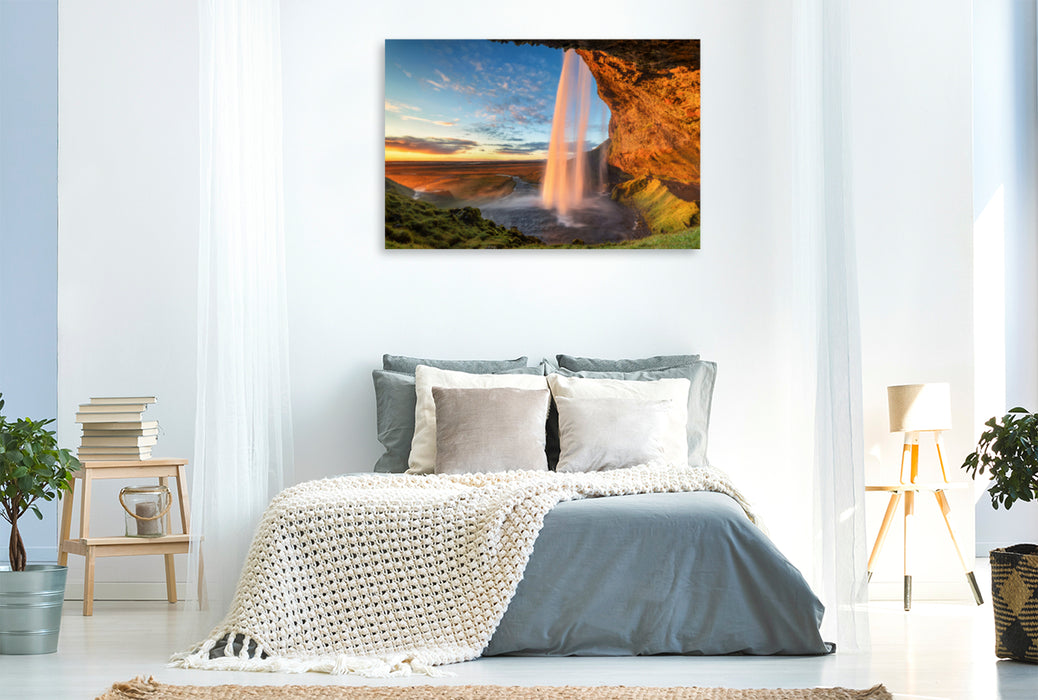 Premium textile canvas Premium textile canvas 120 cm x 80 cm across The Seljalandsfoss, one of the most beautiful waterfalls in Iceland 