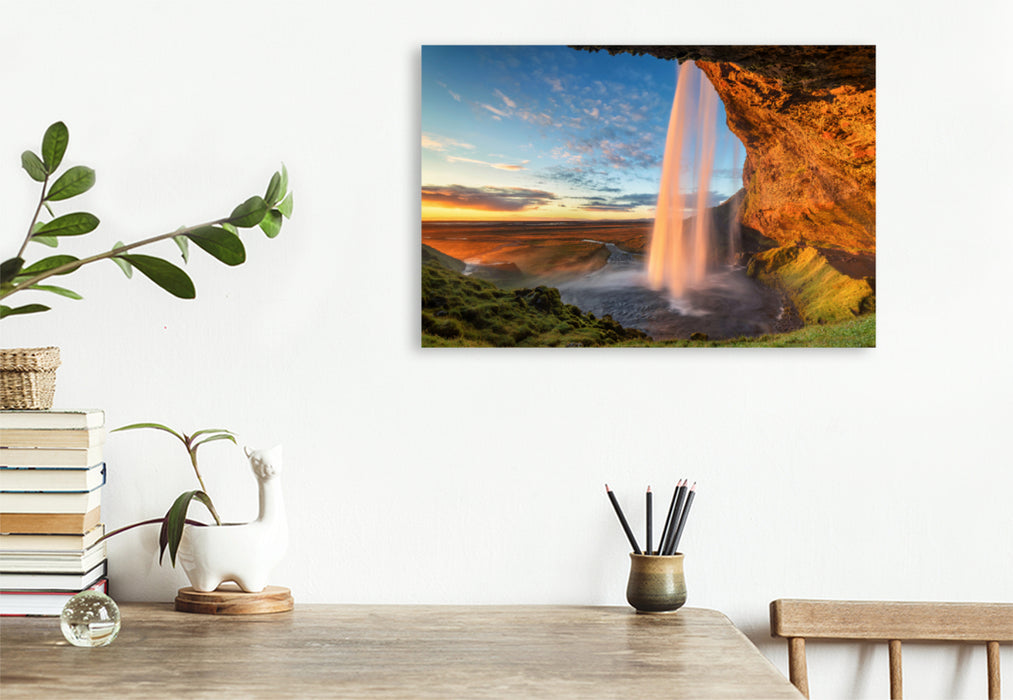 Premium textile canvas Premium textile canvas 120 cm x 80 cm across The Seljalandsfoss, one of the most beautiful waterfalls in Iceland 