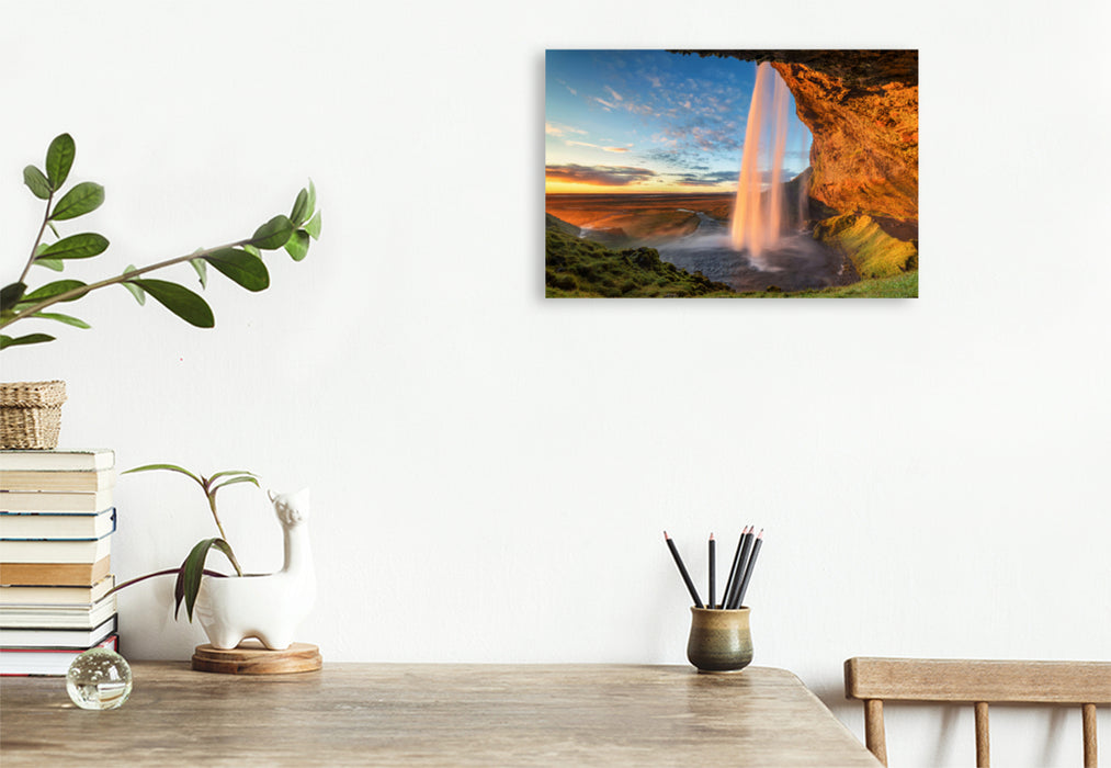 Premium textile canvas Premium textile canvas 120 cm x 80 cm across The Seljalandsfoss, one of the most beautiful waterfalls in Iceland 