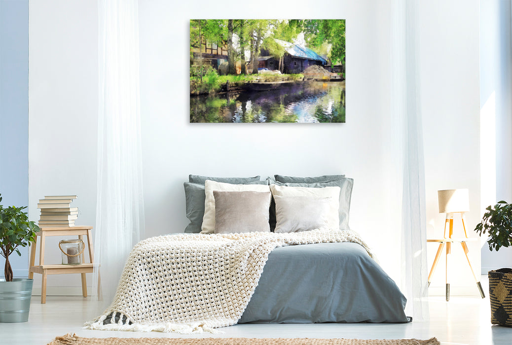 Premium textile canvas Premium textile canvas 120 cm x 80 cm landscape Traditional farm in the Spreewald. Barge in the water. 