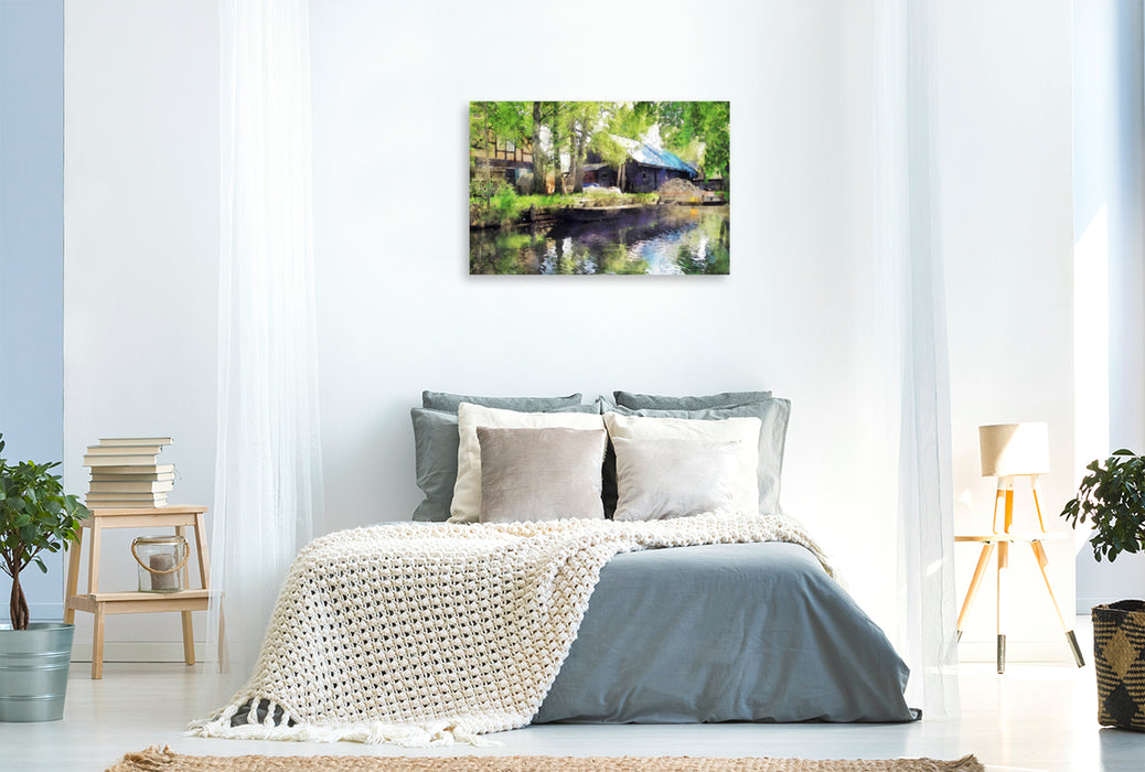 Premium textile canvas Premium textile canvas 120 cm x 80 cm landscape Traditional farm in the Spreewald. Barge in the water. 