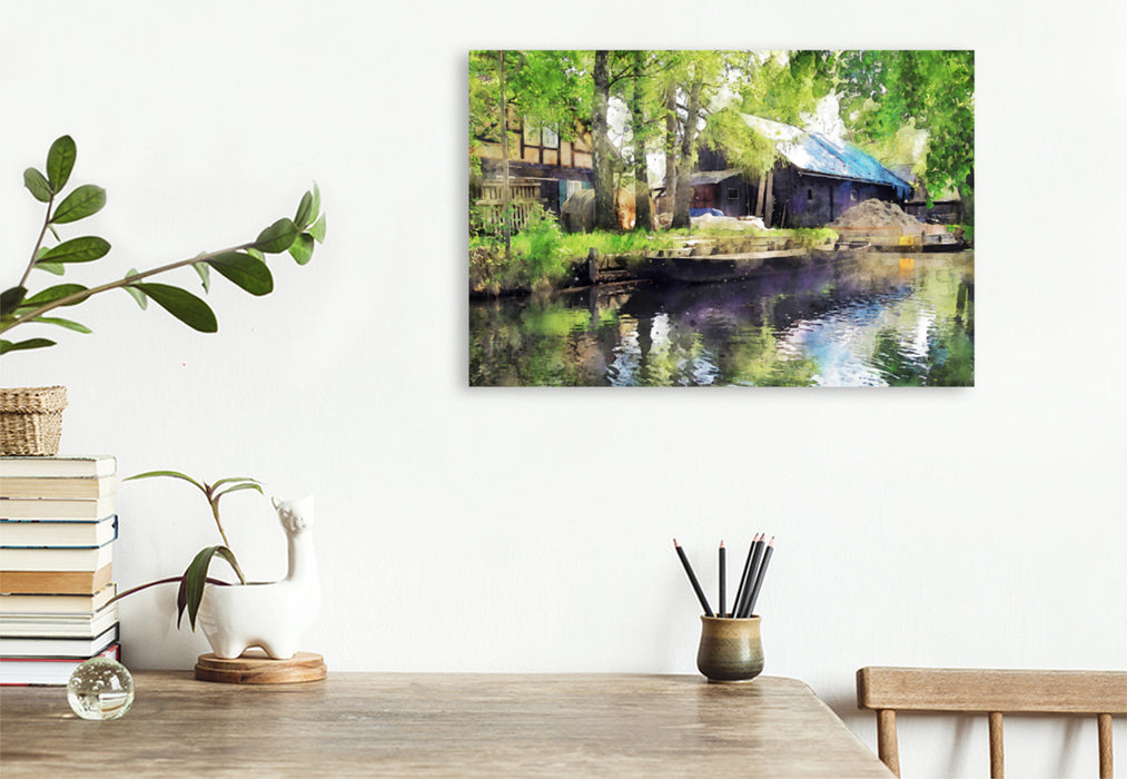 Premium textile canvas Premium textile canvas 120 cm x 80 cm landscape Traditional farm in the Spreewald. Barge in the water. 