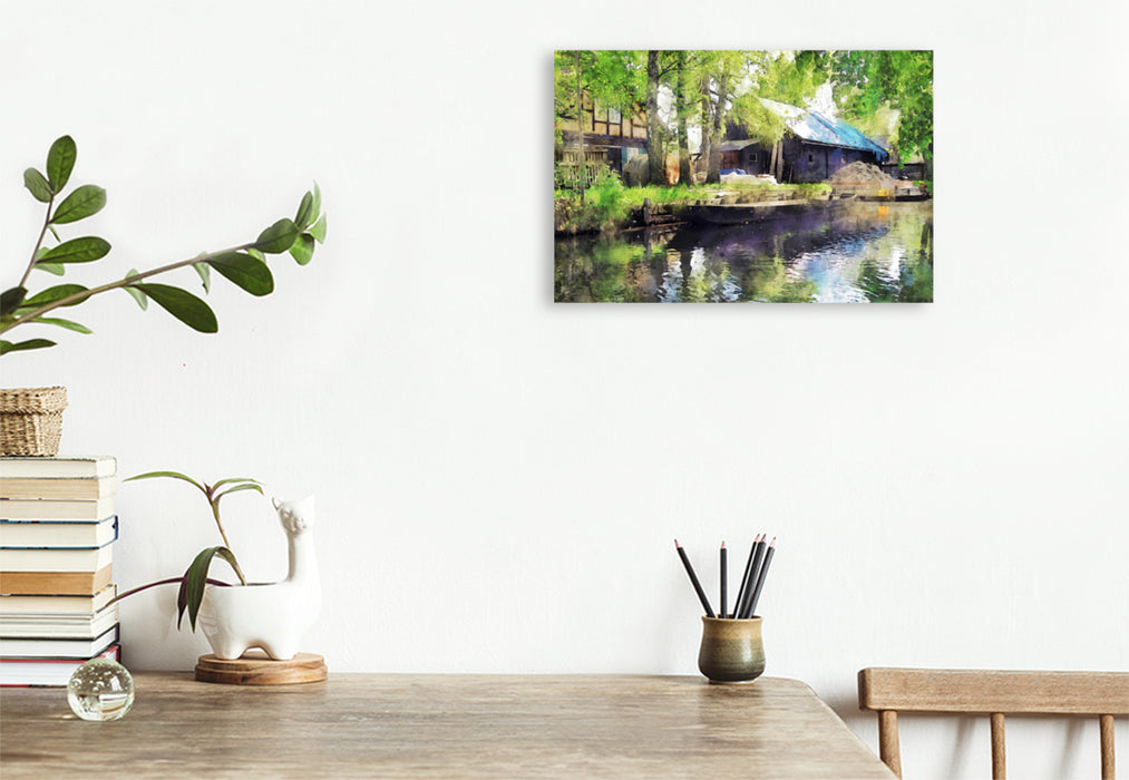 Premium textile canvas Premium textile canvas 120 cm x 80 cm landscape Traditional farm in the Spreewald. Barge in the water. 