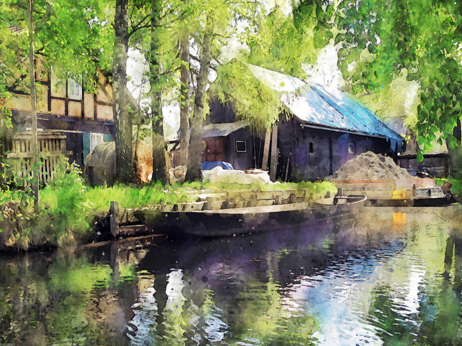 Traditioneller Hof im Spreewald. Lastenkahn im Wasser. - CALVENDO Foto-Puzzle'