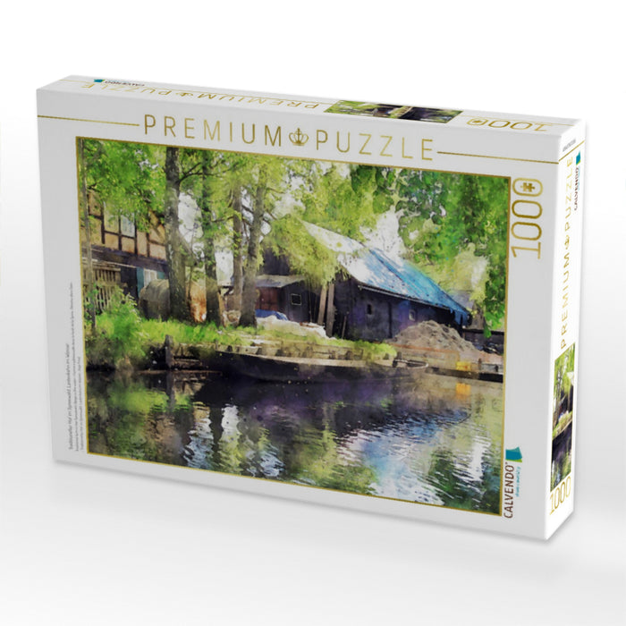 Traditioneller Hof im Spreewald. Lastenkahn im Wasser. - CALVENDO Foto-Puzzle'