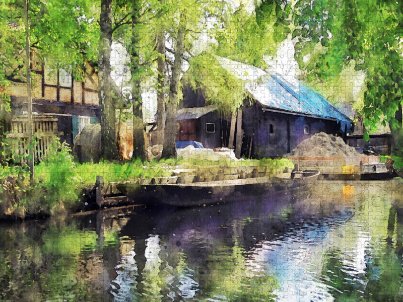 Traditioneller Hof im Spreewald. Lastenkahn im Wasser. - CALVENDO Foto-Puzzle'