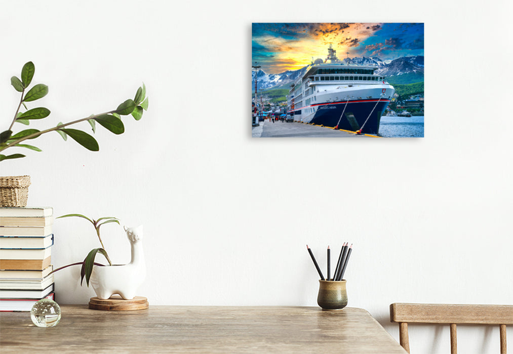 Premium textile canvas Premium textile canvas 120 cm x 80 cm landscape The HANSEATIC nature on the quay of Ushuaia at the southern end of South America. 