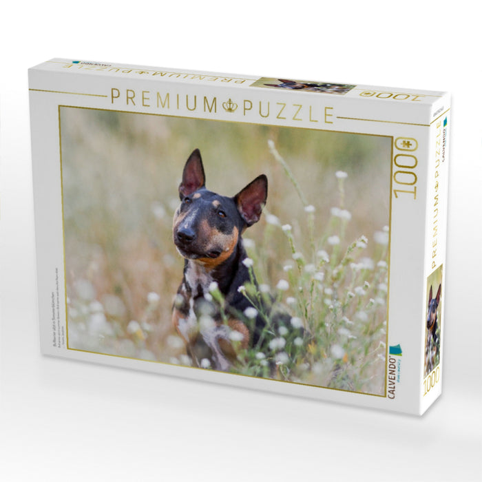 Bullterrier sitzt in Sommerblümchen - CALVENDO Foto-Puzzle'