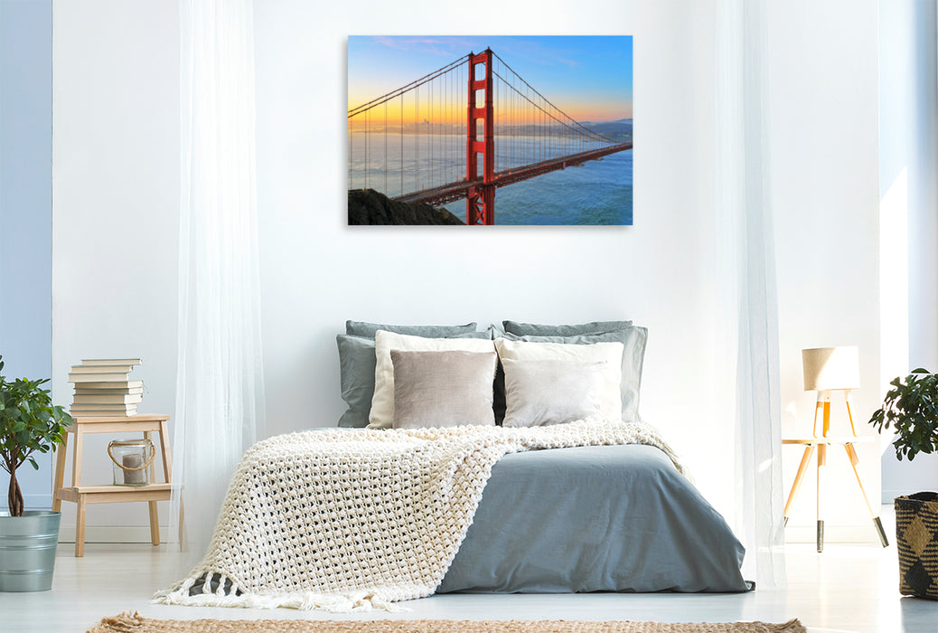 Premium Textil-Leinwand Premium Textil-Leinwand 120 cm x 80 cm quer Golden Gate Bridge und San Francisco Skyline bei Sonnenaufgang