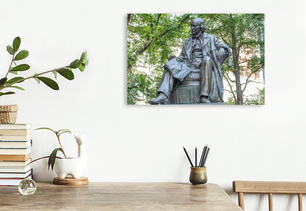 Premium Textil-Leinwand Premium Textil-Leinwand 120 cm x 80 cm quer Statue of Horace Greeley at City Hall Park Manhattan