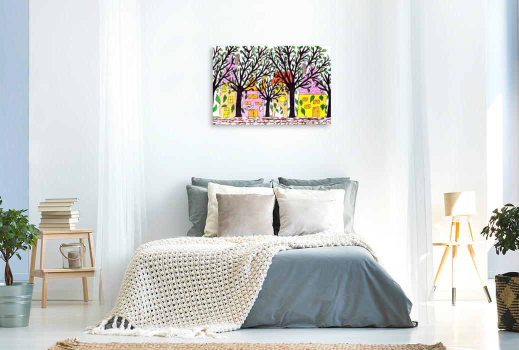 Premium textile canvas Premium textile canvas 120 cm x 80 cm landscape Fantasy trees in front of a row of houses 